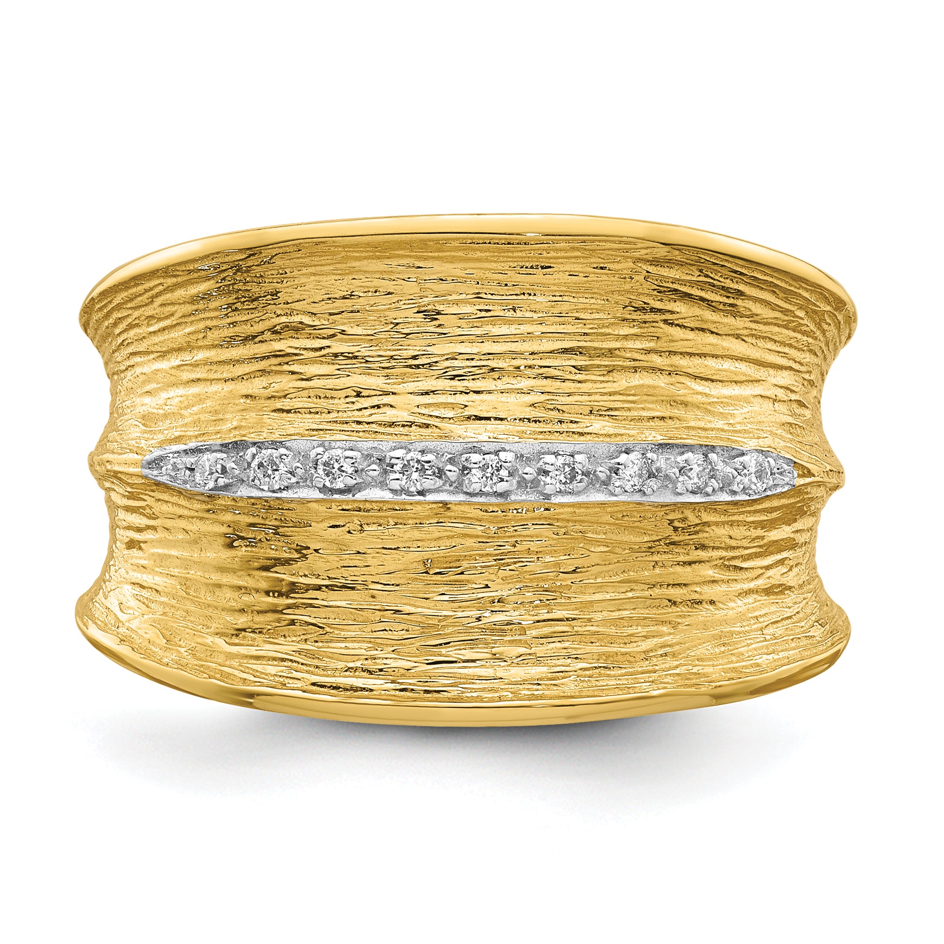 14K Gold Diamond Cocktail Ring with White Rhodium Textured Band - top view