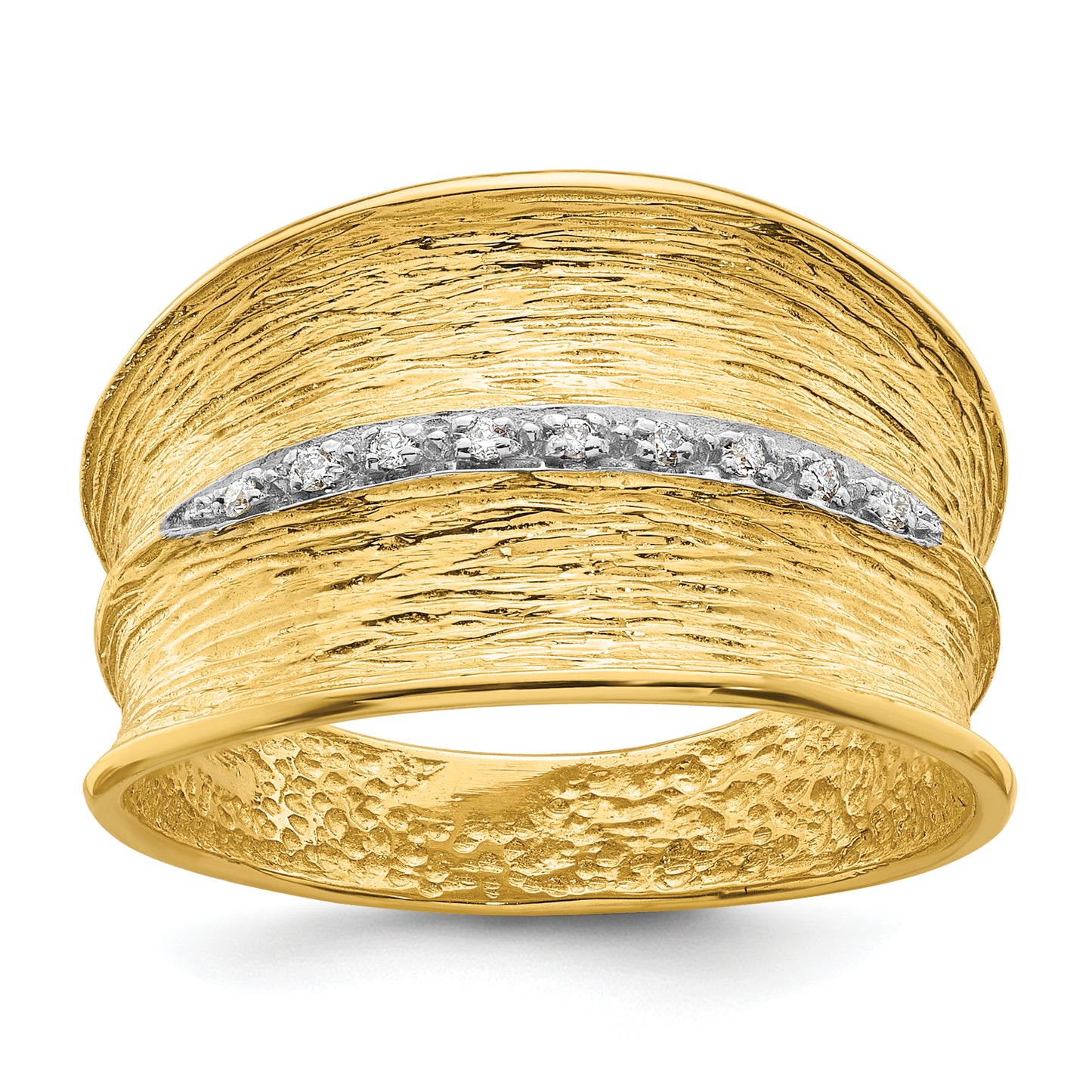 14K Gold Diamond Cocktail Ring with White Rhodium Textured Band - front view