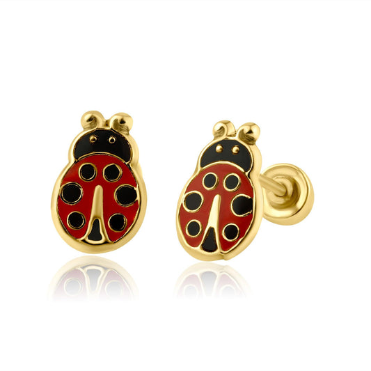 14K yellow gold ladybug screw back stud earrings with red and black enamel and gold antennae