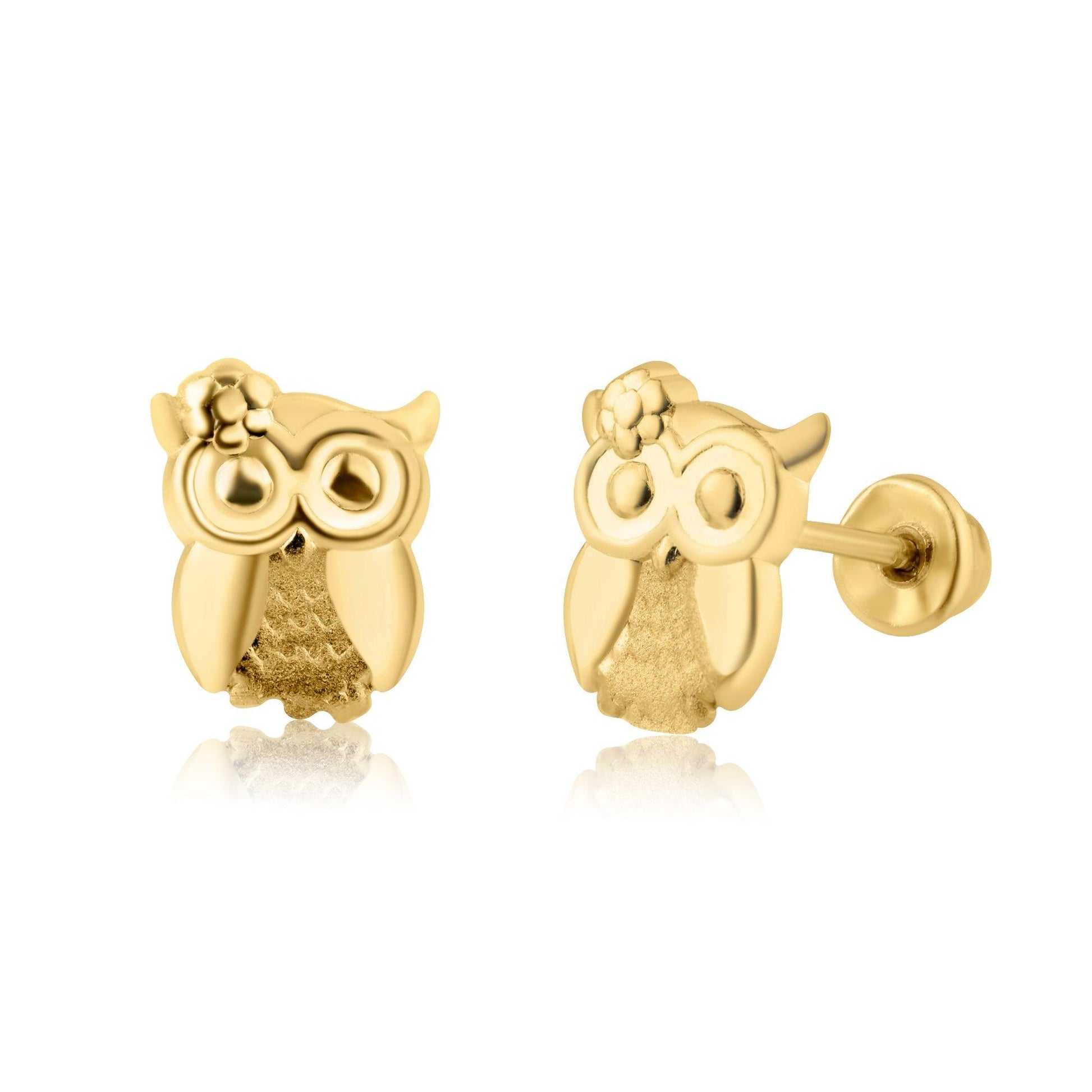 14K yellow gold owl with CZ eyes screw back stud earrings