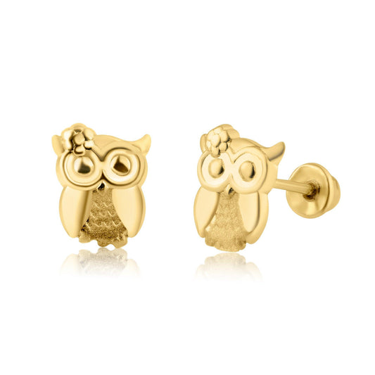 14K yellow gold owl with CZ eyes screw back stud earrings