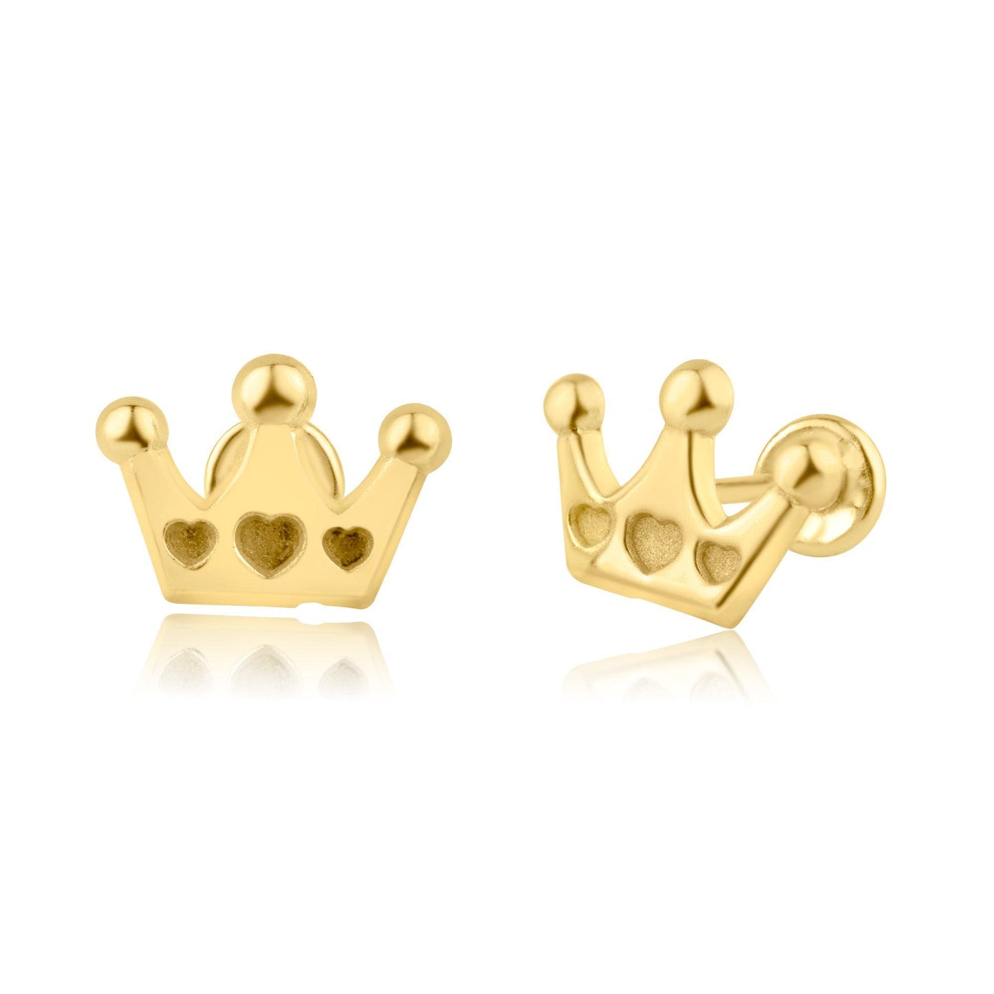 14K yellow gold heart with crown screw back stud earrings
