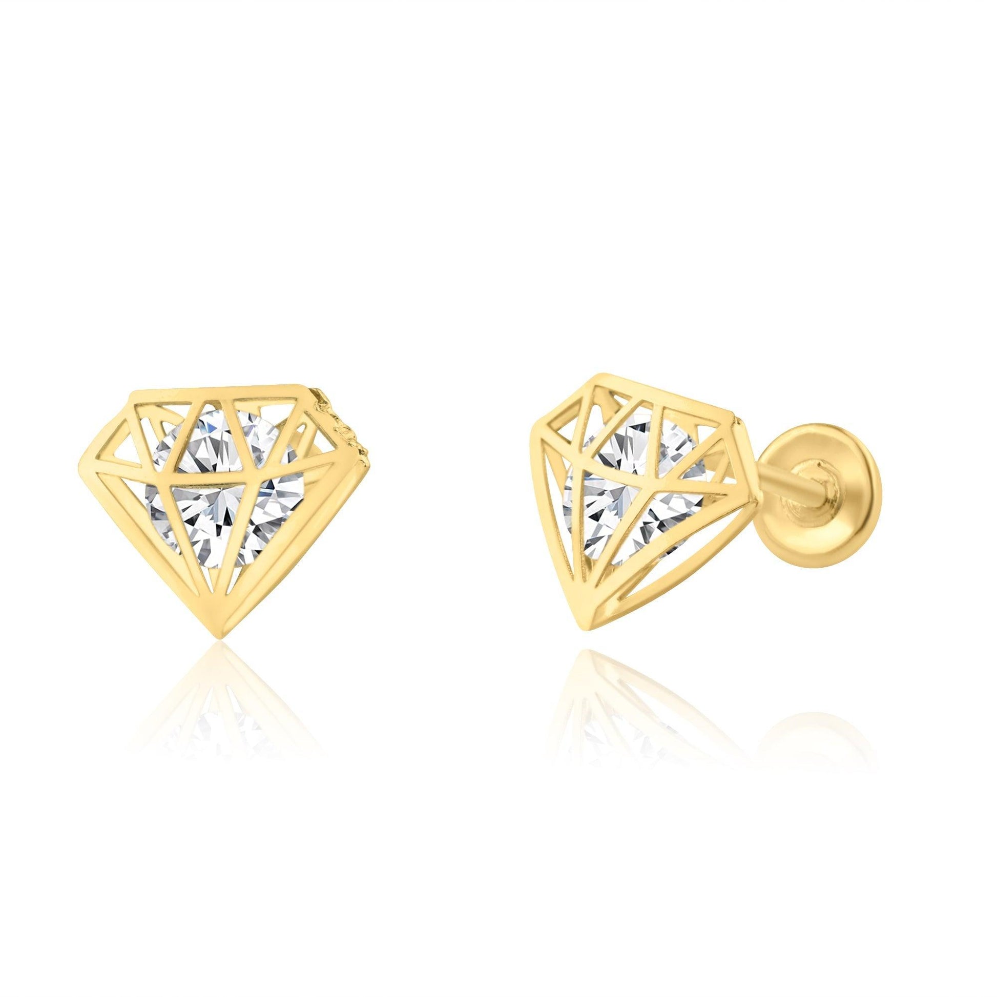 14K yellow gold CZ diamond design screw back stud earrings