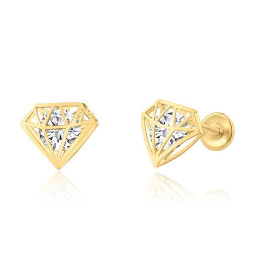 14K yellow gold CZ diamond design screw back stud earrings