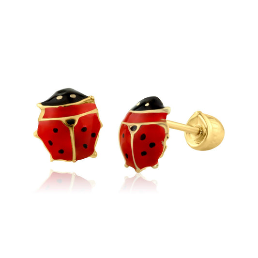 14K yellow gold ladybug screw back stud earrings with red and black enamel