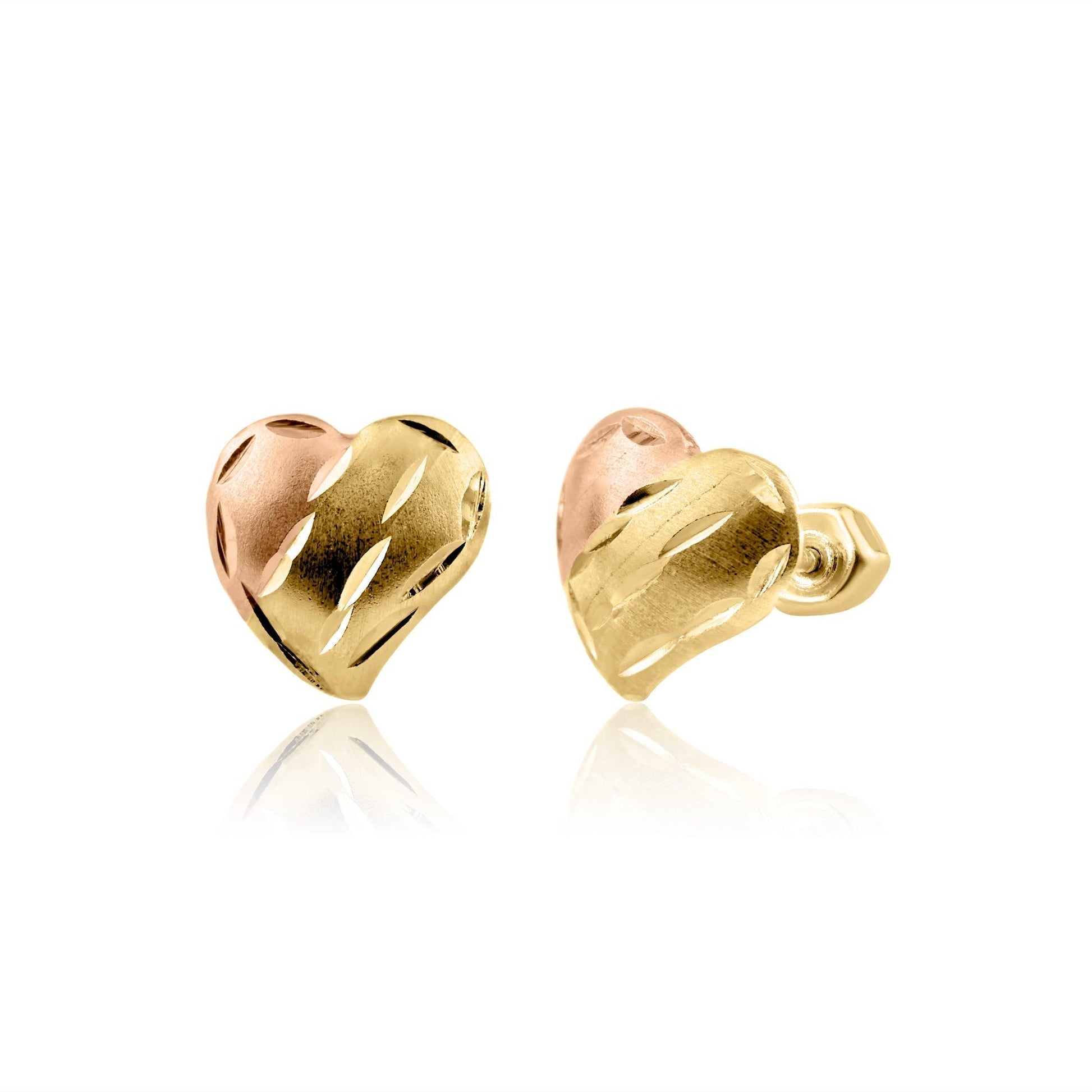 14K three-tone gold heart screw back stud earrings in yellow, white and rose gold