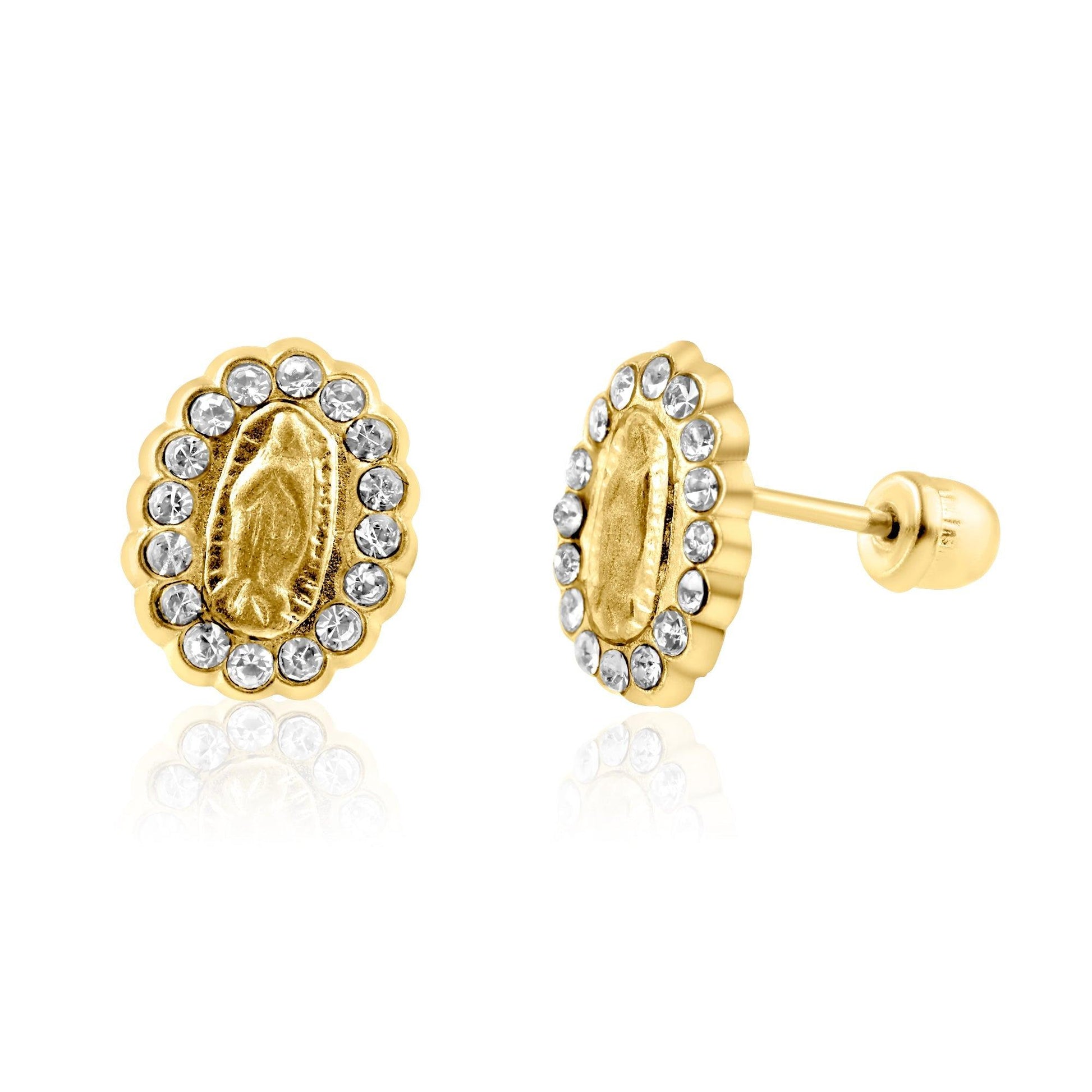 14K yellow gold Virgen de Guadalupe CZ screw back stud earrings