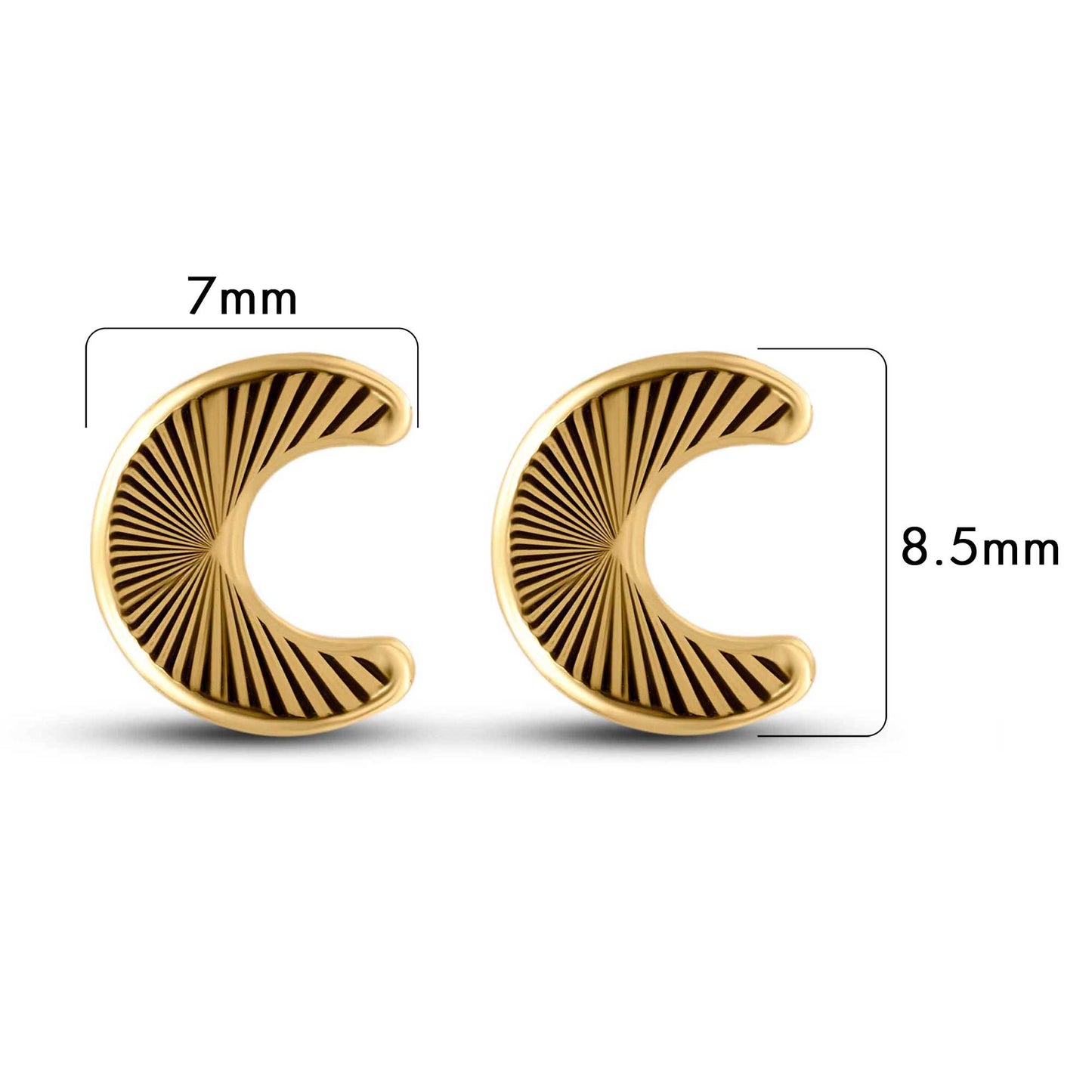 Size reference for 14K gold diamond-cut moon stud earrings, 7mm x 8.5mm
