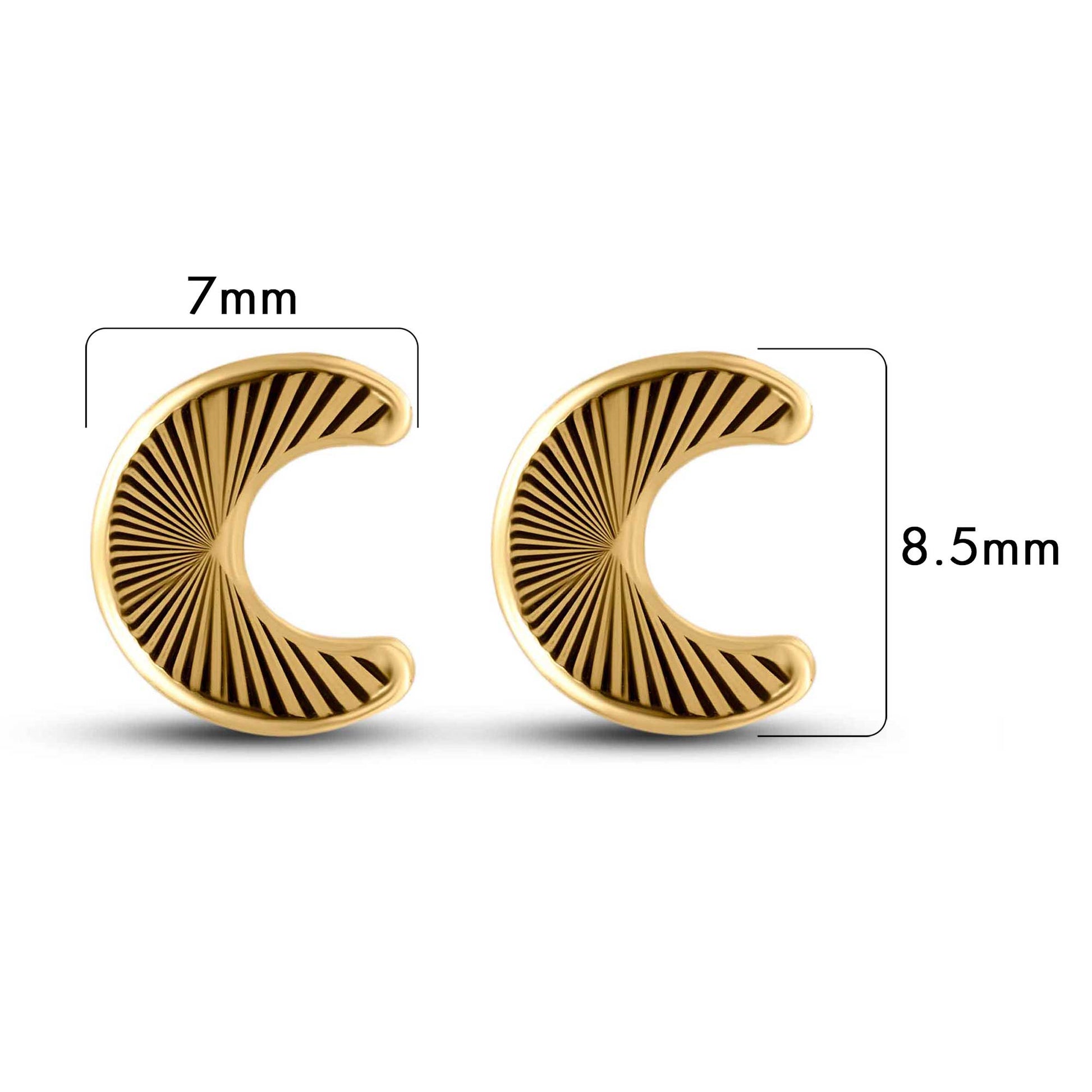 Size reference for 14K gold diamond-cut moon stud earrings, 7mm x 8.5mm