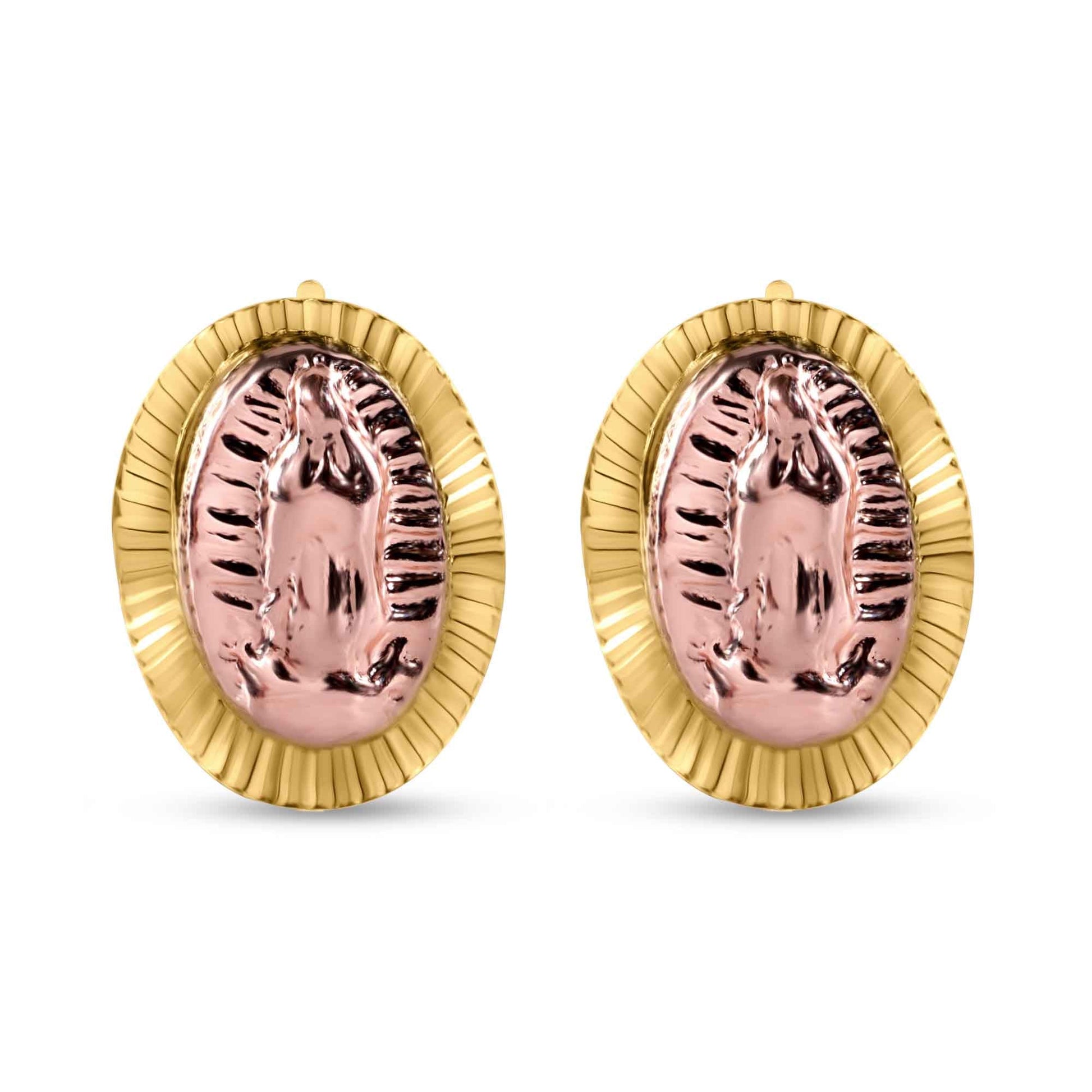 14K two-tone gold diamond-cut Virgen de Guadalupe screw back stud earrings