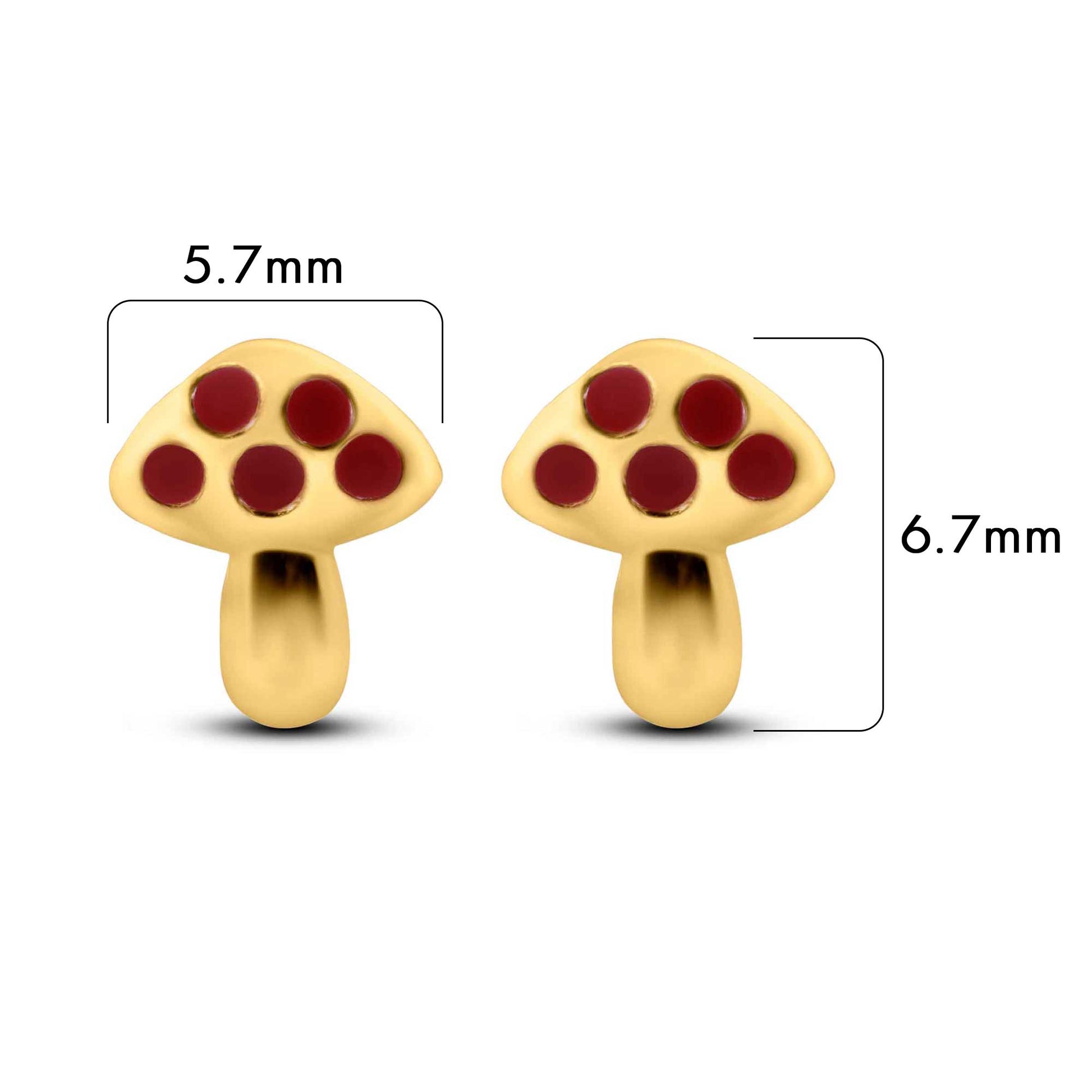 Size reference for 14K gold mushroom stud earrings, 5.7mm x 6.7mm