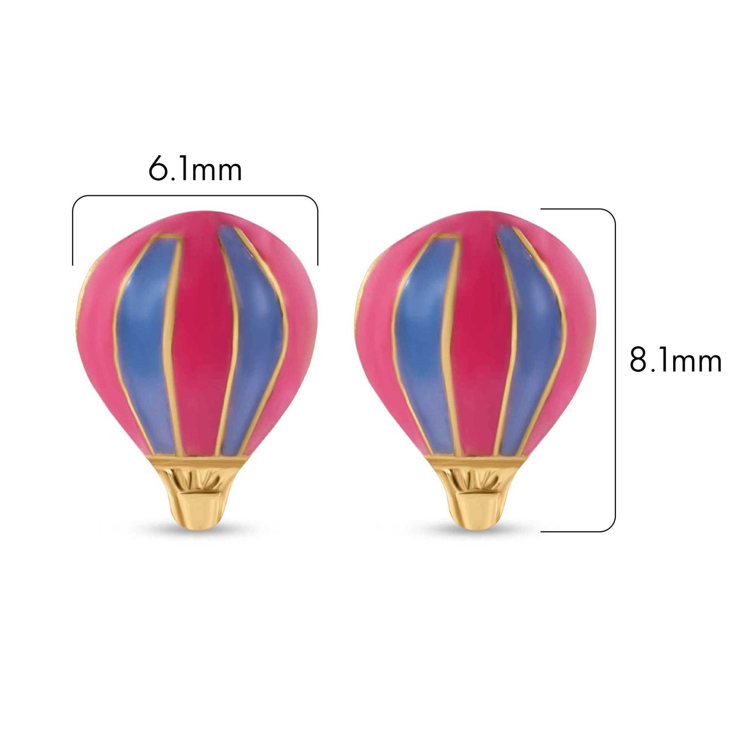 Size reference for 14K gold hot air balloon stud earrings, 6.1mm x 8.1mm