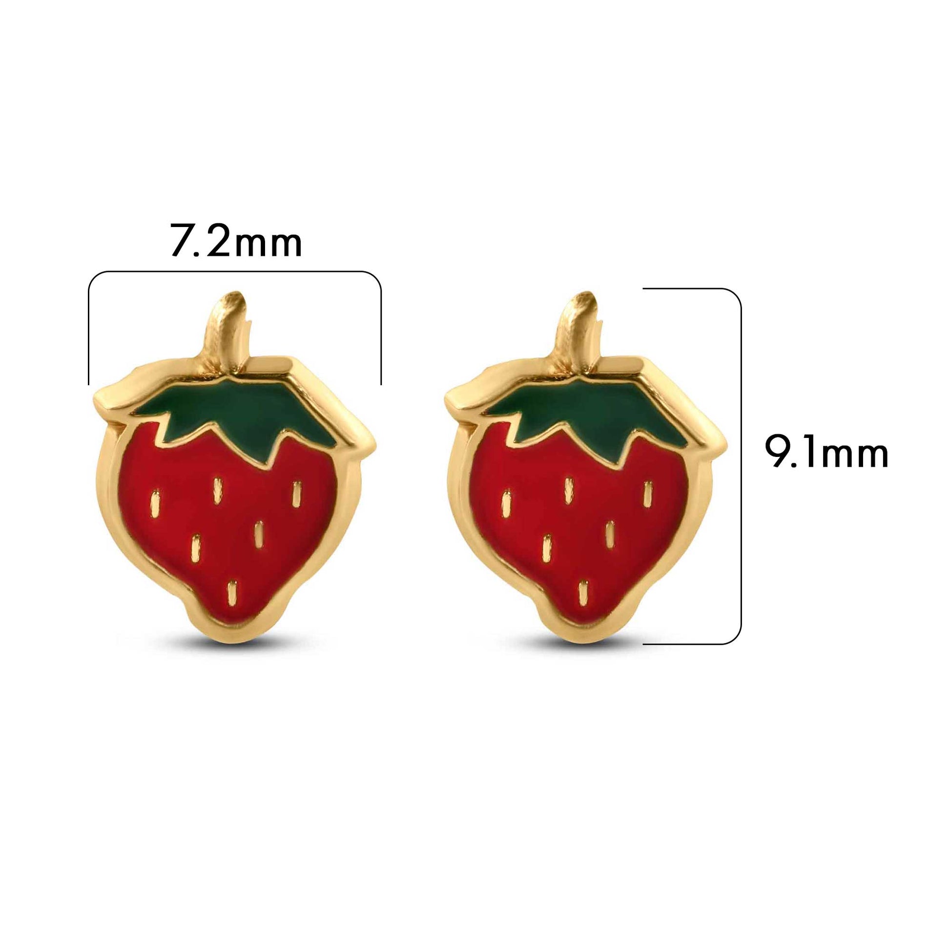 Size reference for 14K gold strawberry stud earrings, 7.2mm x 9.1mm