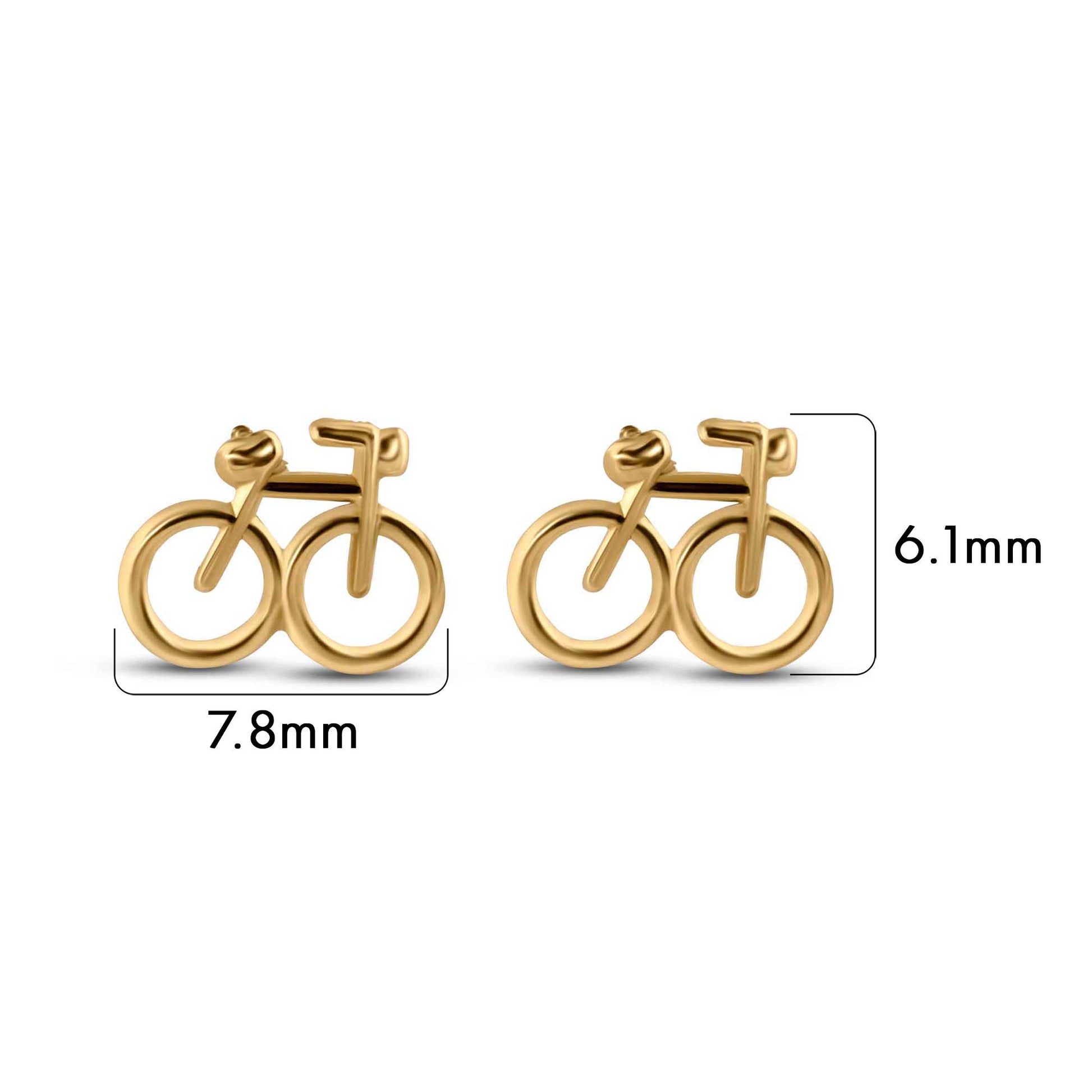 Size reference for 14K gold bicycle stud earrings, 7.8mm x 6.1mm
