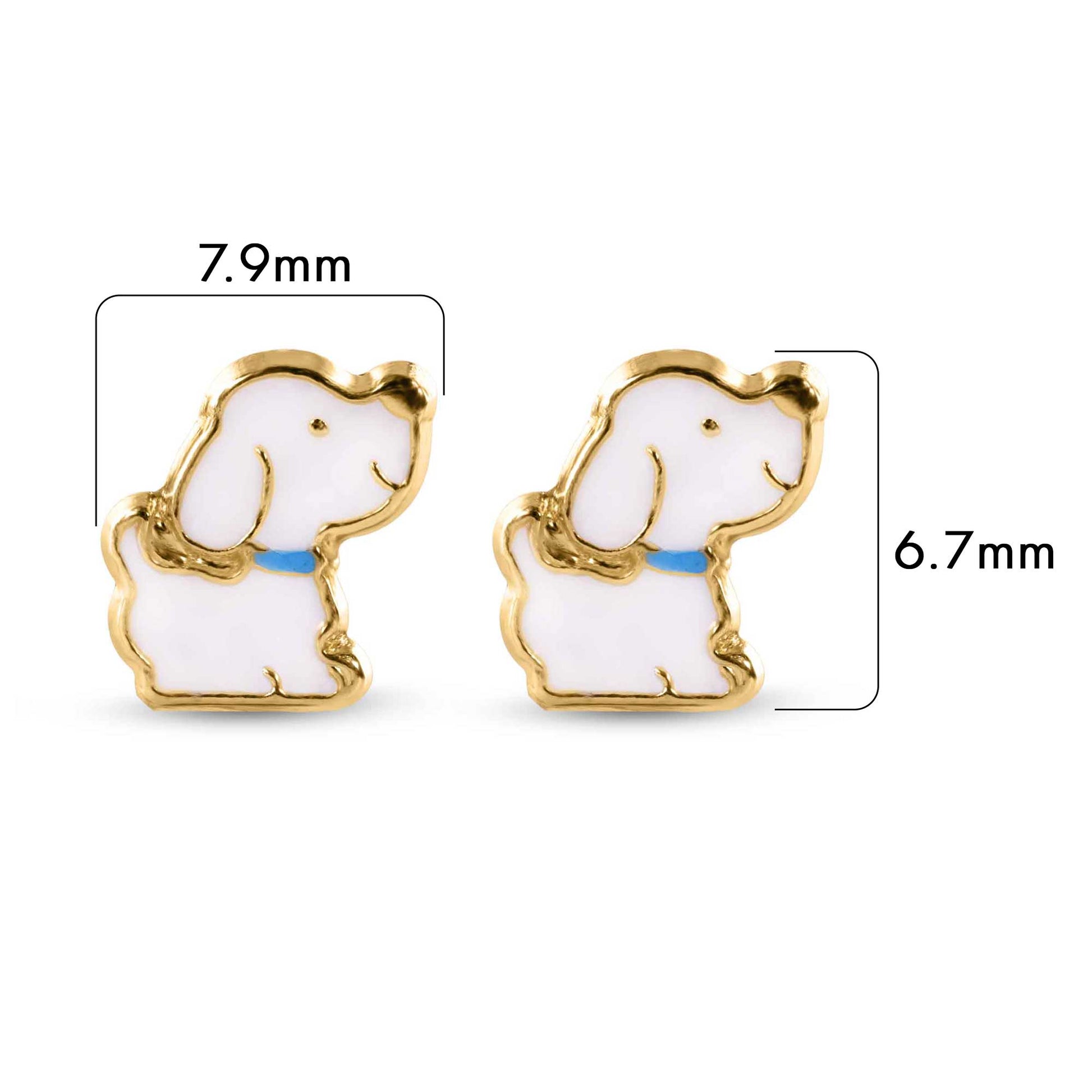 Size reference for 14K gold dog stud earrings, 6.7mm x 7.9mm