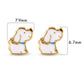 Size reference for 14K gold dog stud earrings, 6.7mm x 7.9mm