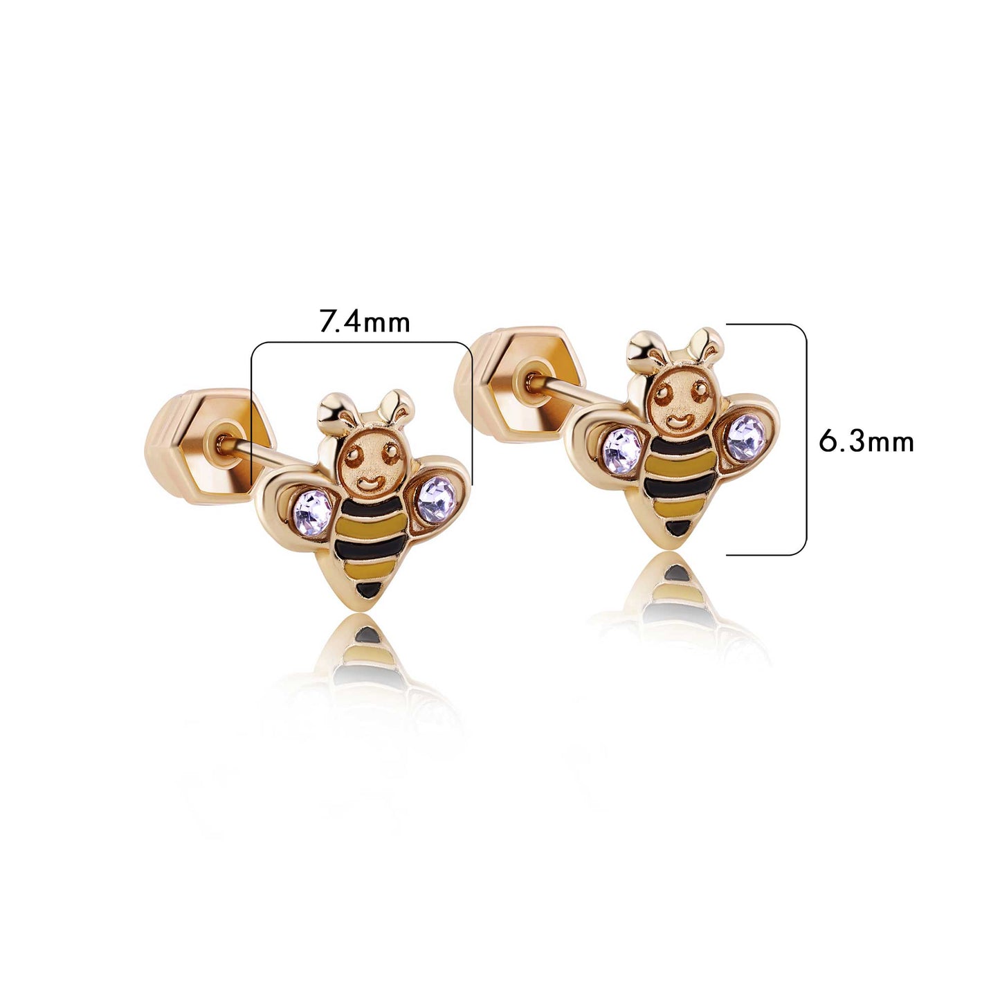 Size reference for 14K gold bee stud earrings, 7.4mm x 6.3mm