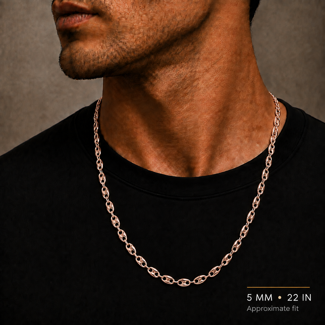 14K Rose Gold Hollow Puff Chain, shown worn on the neck
