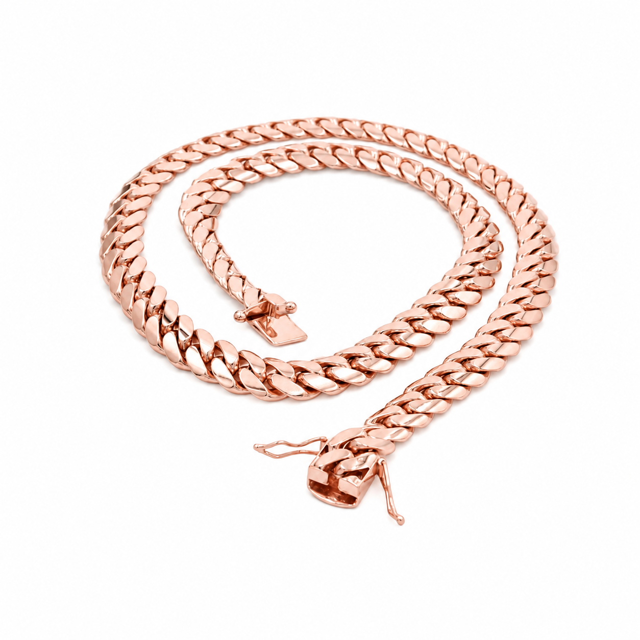 14K Rose Gold Solid Miami Cuban Link Chain, styled view