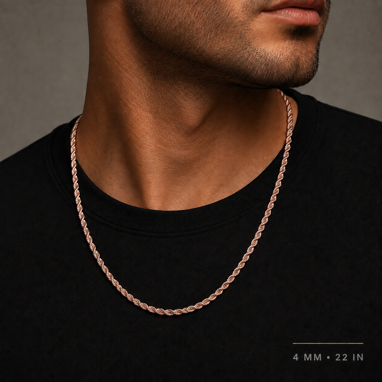 14K Rose Gold Solid Rope Chain, full-length view