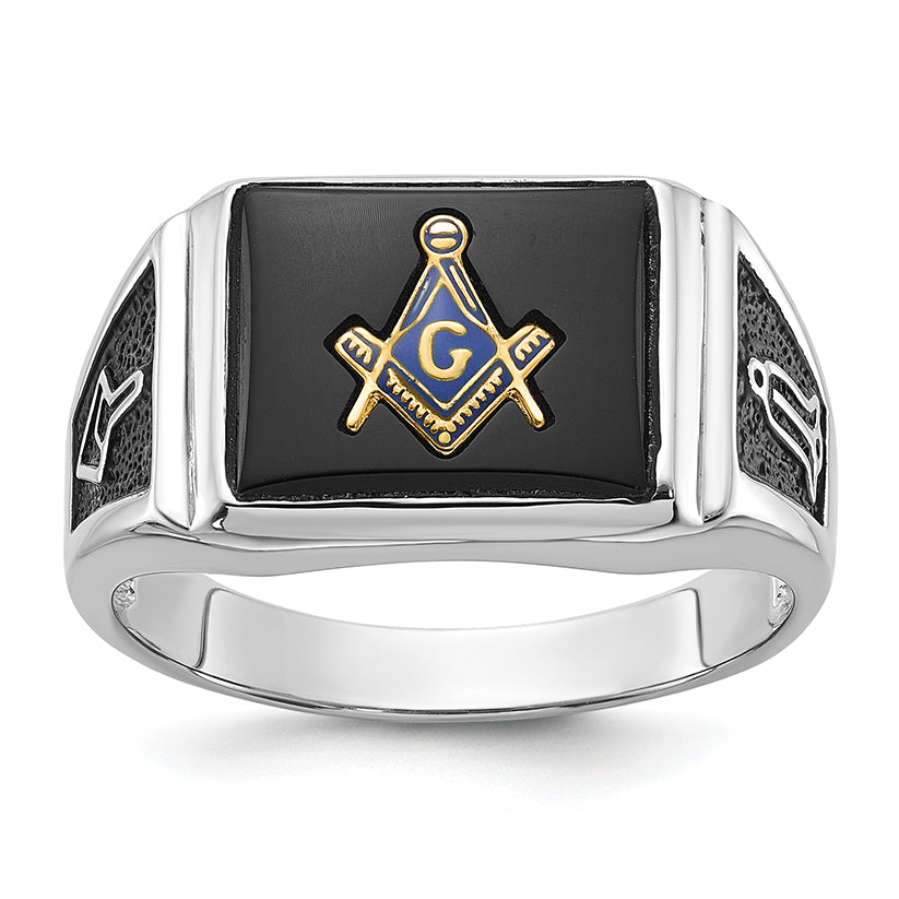 10K White Gold Rectangle Onyx Masonic Mens Ring 1Y4108WM