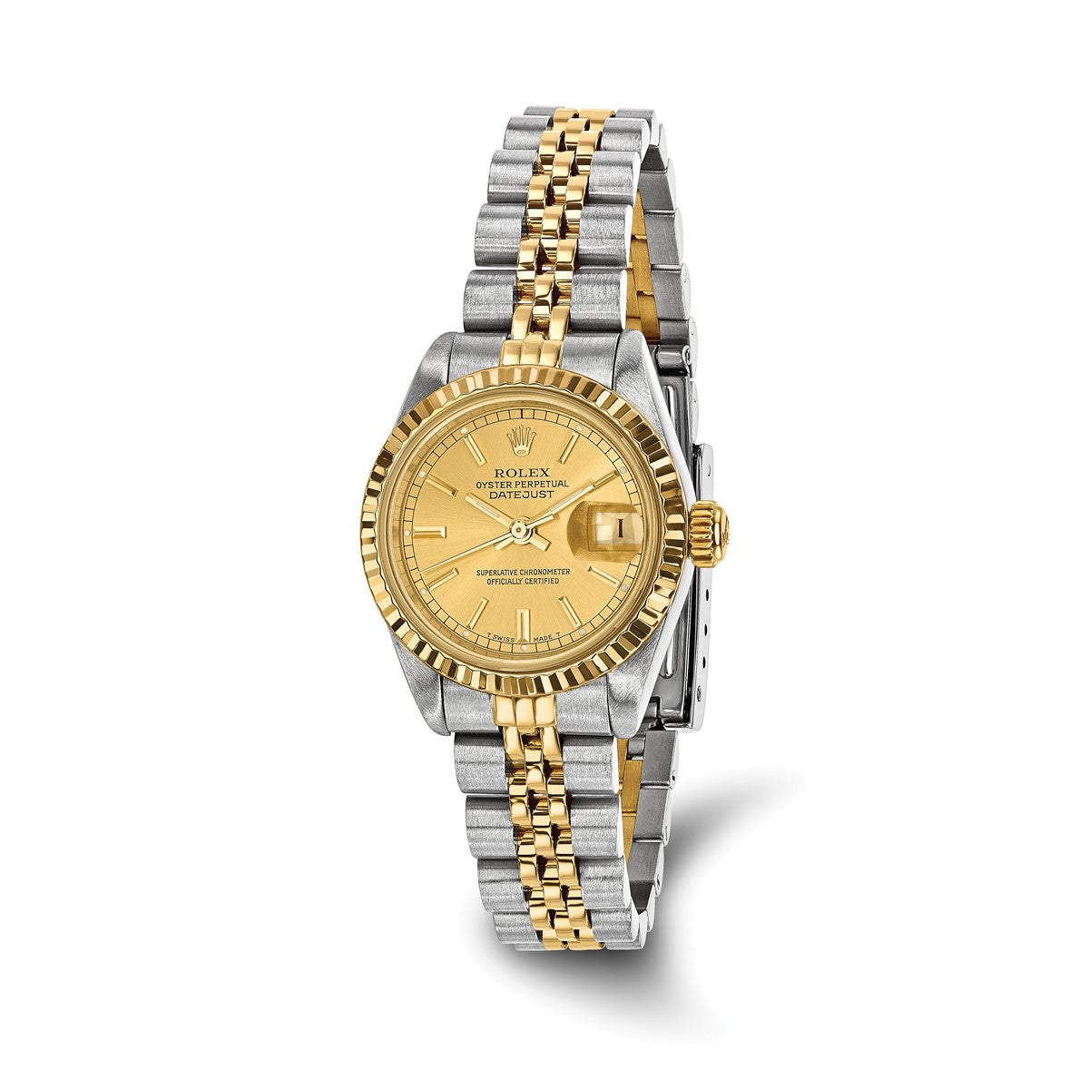 Pre-owned Rolex Datejust 26mm two-tone steel and 18K gold ladies watch with champagne dial and fluted bezel on a Jubilee bracelet
