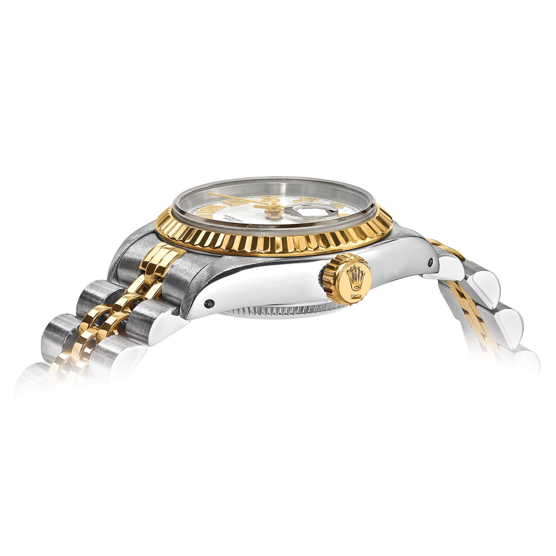 Pre-owned Rolex Datejust 26mm two-tone ladies watch with white Roman numeral dial and fluted bezel, alternate view
