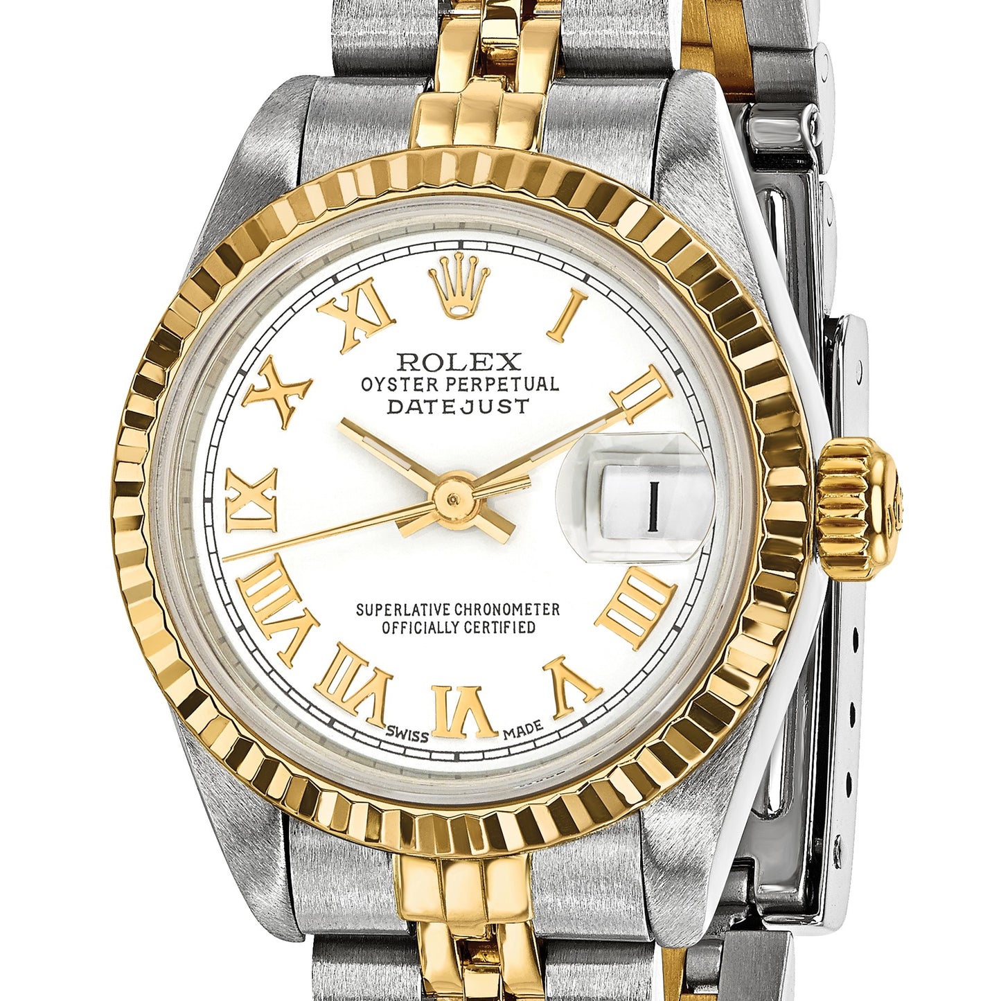 Pre-owned Rolex Datejust 26mm two-tone ladies watch with white Roman numeral dial and fluted bezel, further view