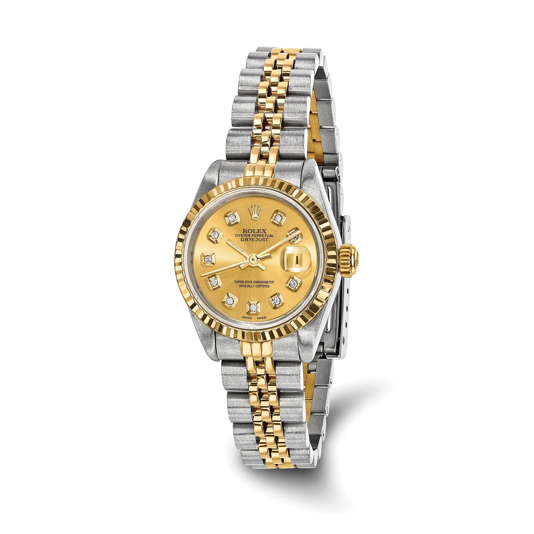 Pre-owned Rolex Datejust 26mm two-tone steel and 18K gold ladies watch with champagne diamond dial and fluted bezel on a Jubilee bracelet