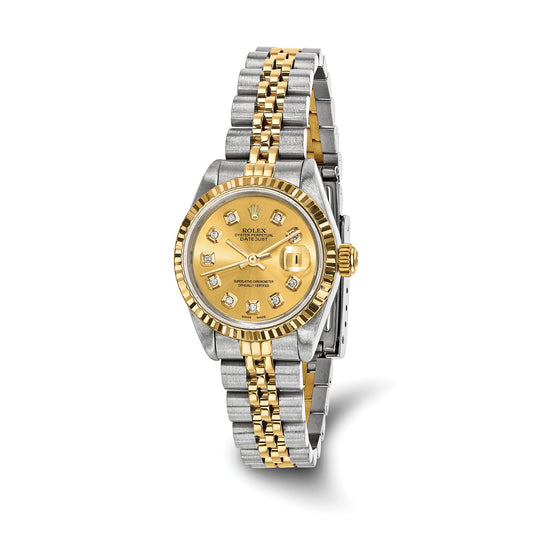 Pre-owned Rolex Datejust 26mm two-tone steel and 18K gold ladies watch with champagne diamond dial and fluted bezel on a Jubilee bracelet