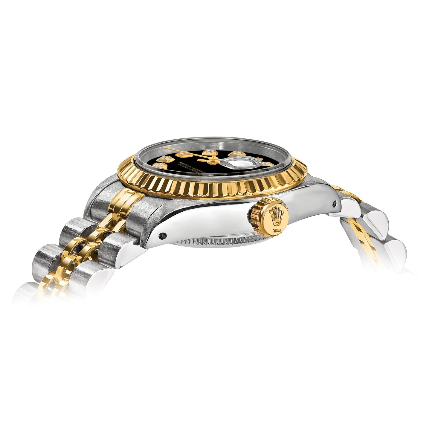 Pre-owned Rolex Datejust 26mm two-tone ladies watch with black diamond dial and fluted bezel, alternate view