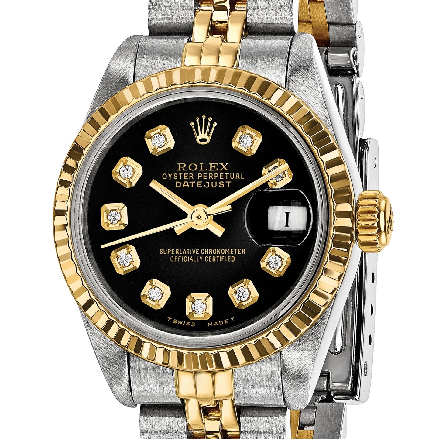 Pre-owned Rolex Datejust 26mm two-tone ladies watch with black diamond dial and fluted bezel, another angle