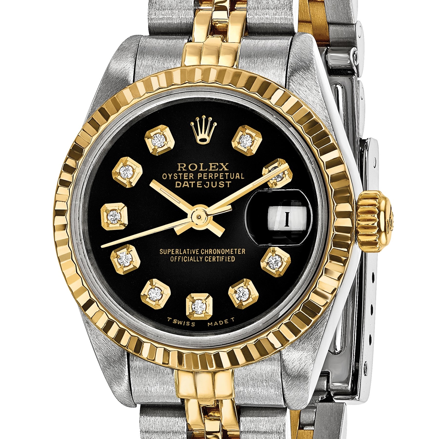 Pre-owned Rolex Datejust 26mm two-tone ladies watch with black diamond dial and fluted bezel, another angle