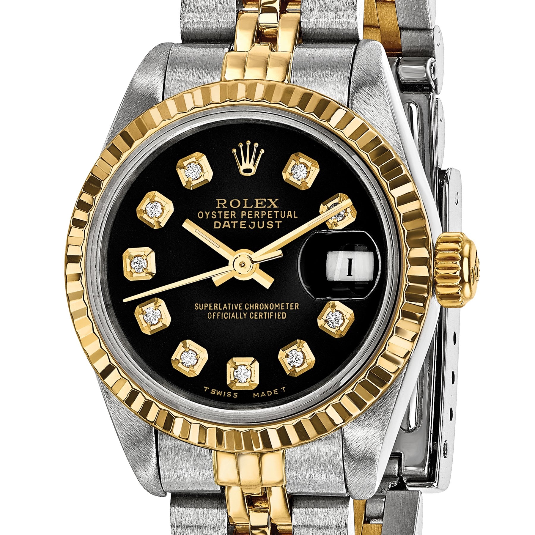 Pre-owned Rolex Datejust 26mm two-tone ladies watch with black diamond dial and fluted bezel, further view