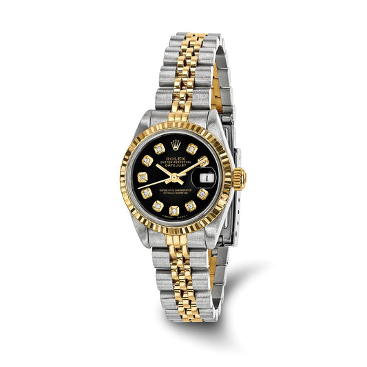 Pre-owned Rolex Datejust 26mm two-tone steel and 18K gold ladies watch with black diamond dial and fluted bezel on a Jubilee bracelet