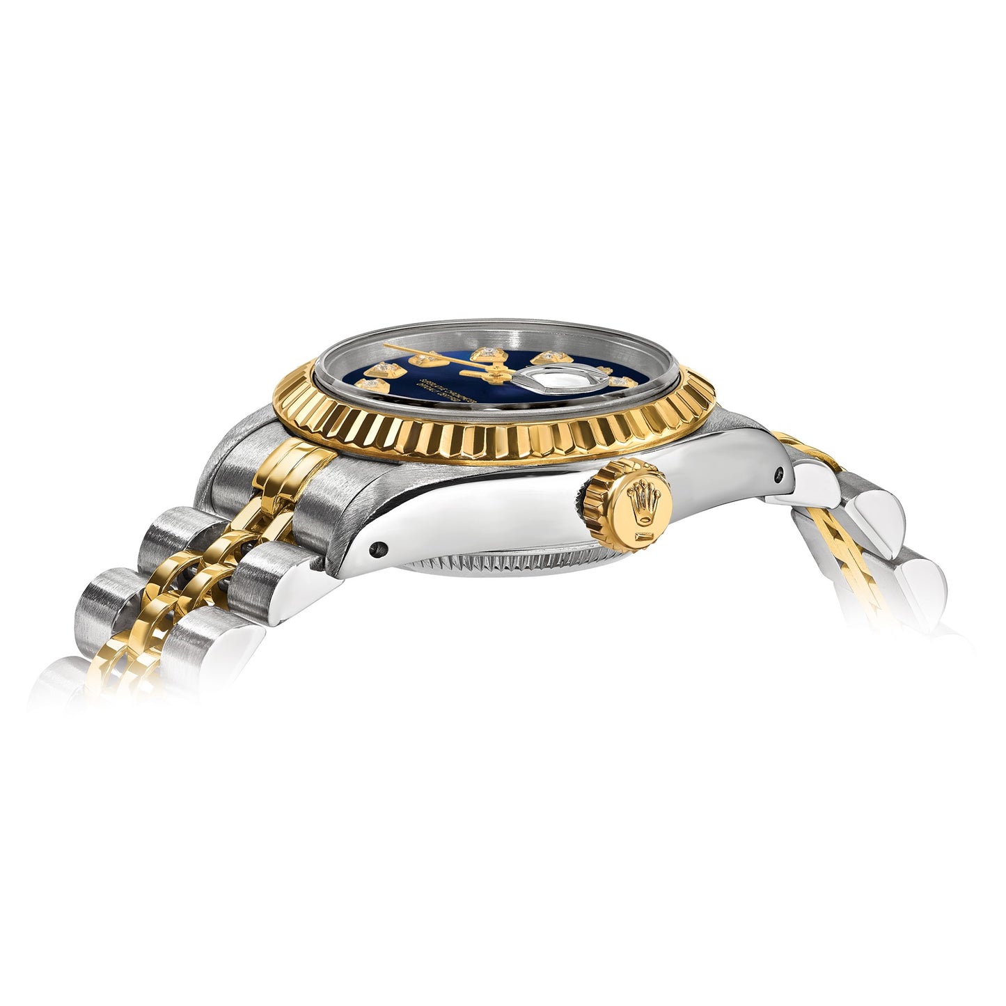 Pre-owned Rolex Datejust 26mm two-tone ladies watch with blue diamond dial and fluted bezel, alternate view