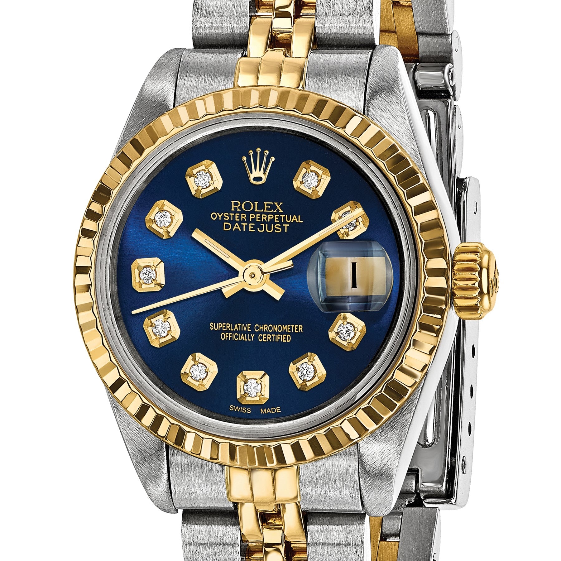 Pre-owned Rolex Datejust 26mm two-tone ladies watch with blue diamond dial and fluted bezel, another angle