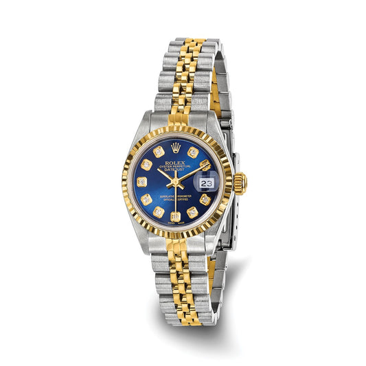 Pre-owned Rolex Datejust 26mm two-tone steel and 18K gold ladies watch with blue diamond dial and fluted bezel on a Jubilee bracelet