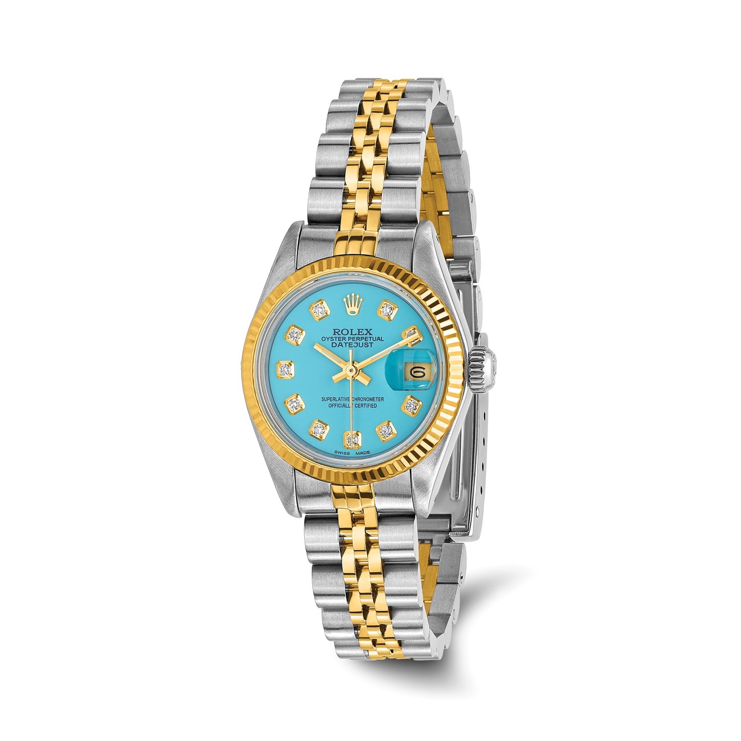 Pre-owned Rolex Datejust 26mm two-tone steel and 18K gold ladies watch with teal diamond dial and fluted bezel on a Jubilee bracelet