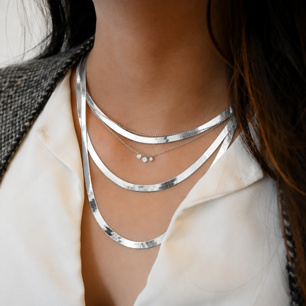 925 Sterling Silver Herringbone Chain, angled view