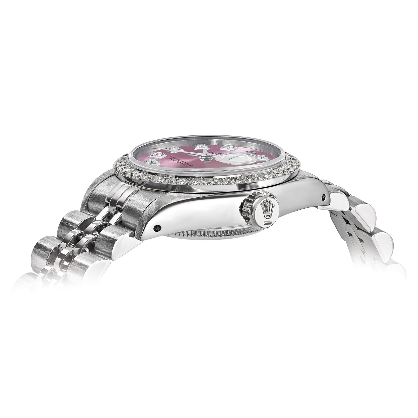 Pre-owned Rolex Datejust 26mm steel ladies watch with pink diamond dial and diamond bezel, alternate view