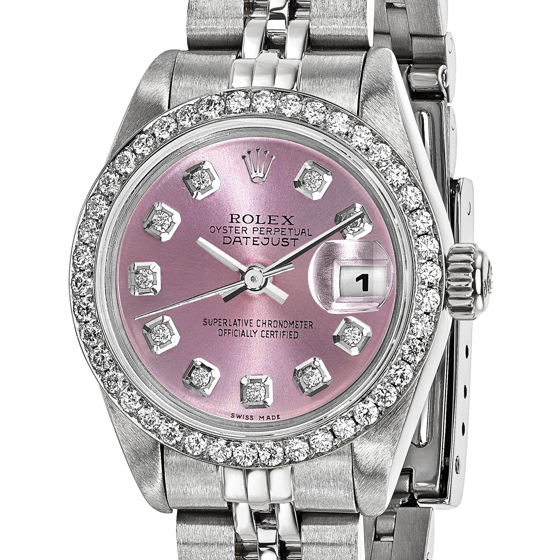 Pre-owned Rolex Datejust 26mm steel ladies watch with pink diamond dial and diamond bezel, another angle
