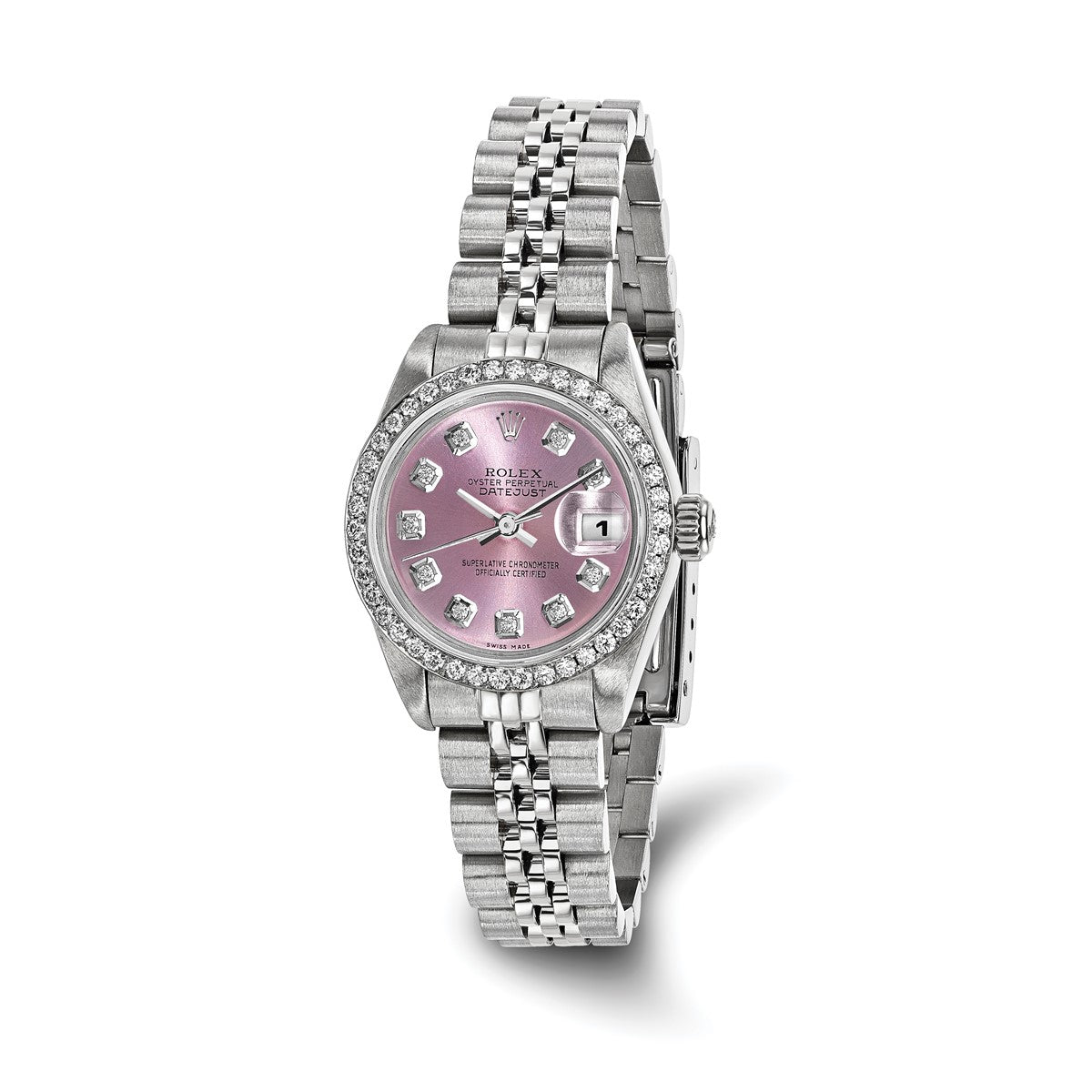 Pre-owned Rolex Datejust 26mm stainless steel ladies watch with pink diamond dial and diamond-set bezel on a Jubilee bracelet