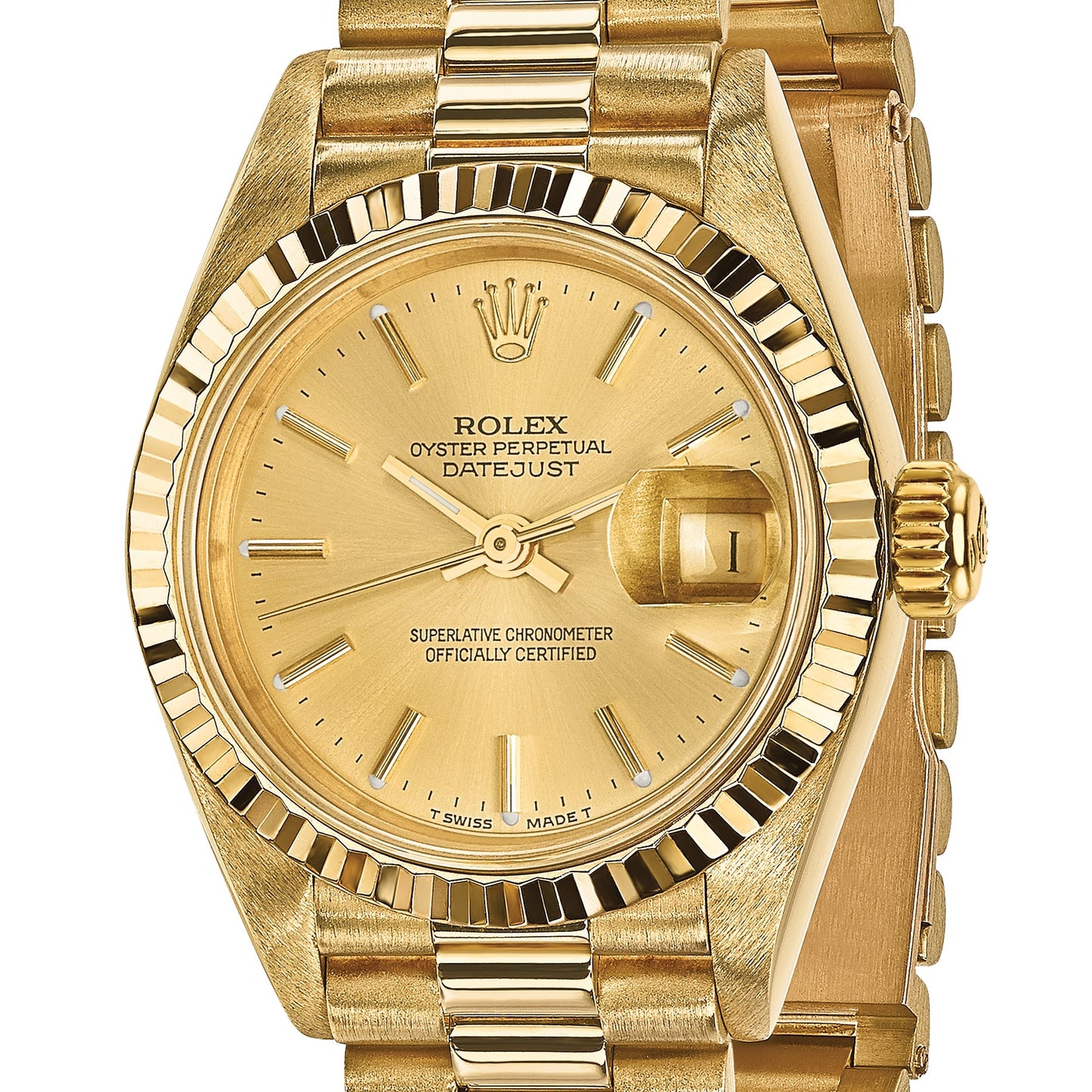 Pre-owned Rolex Datejust President 26mm 18K gold ladies watch with champagne dial, another angle