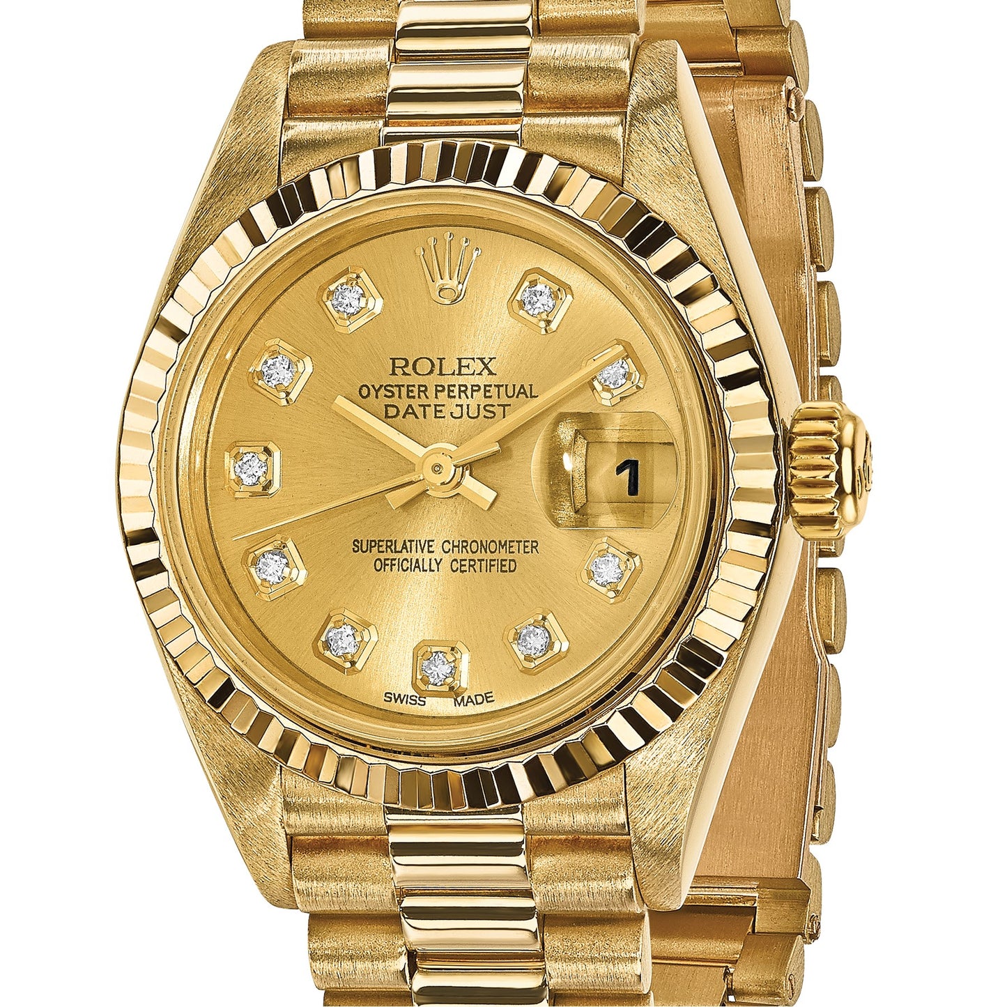 Pre-owned Rolex Datejust President 26mm 18K gold ladies watch with champagne diamond dial, another angle