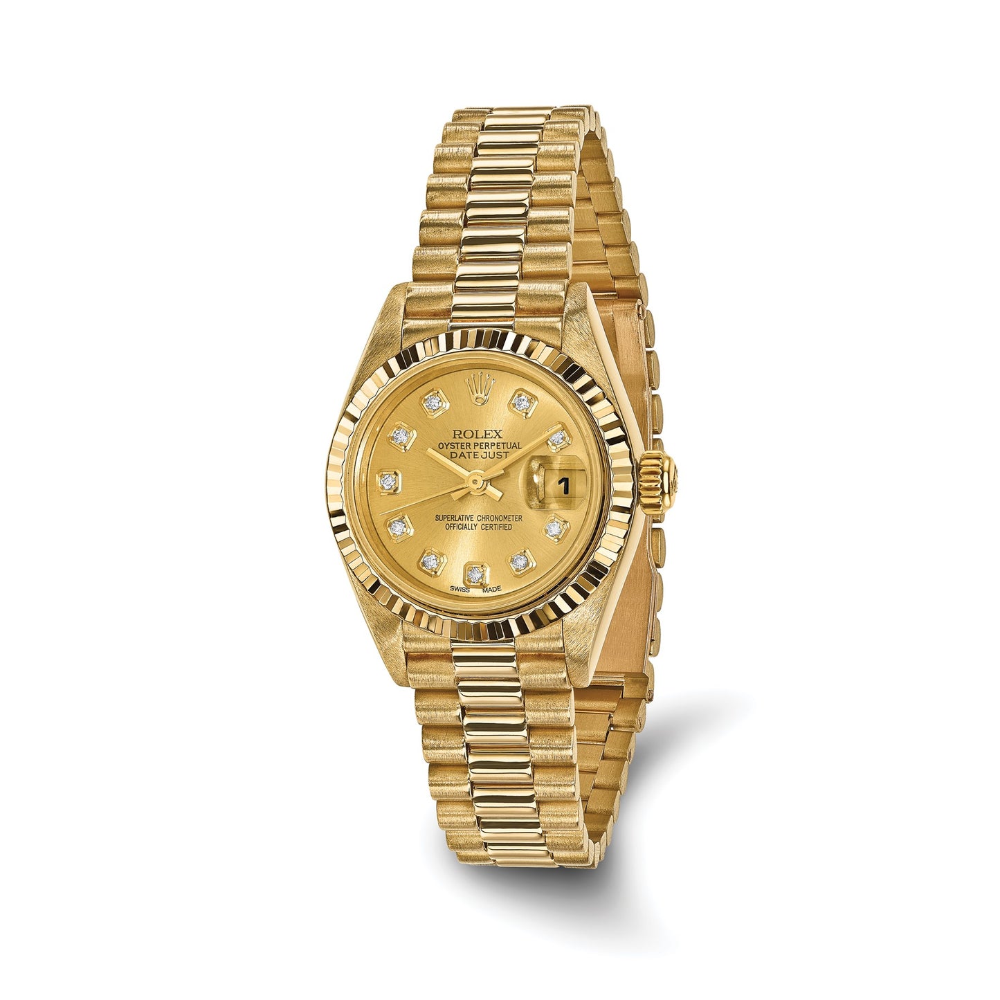 Pre-owned Rolex Datejust President 26mm 18K yellow gold ladies watch with champagne diamond dial and fluted bezel