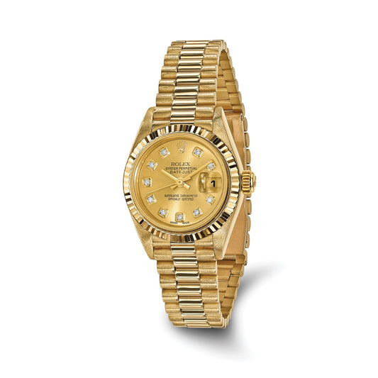 Pre-owned Rolex Datejust President 26mm 18K yellow gold ladies watch with champagne diamond dial and fluted bezel