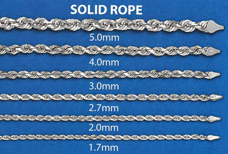18K White Gold Solid Rope Chain, side view