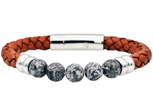 Gray Jasper And Brown Leather Stainless Steel Beaded Bracelet