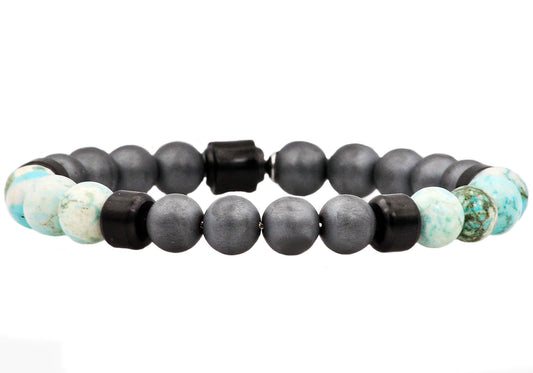 African Turquoise And Hematite Black Plated Stainless Steel Beaded Bracelet